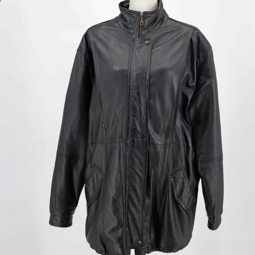 IZ Sport Womens 90s Black Leather Car Coat Matte Androgynous Grunge Streetwear L